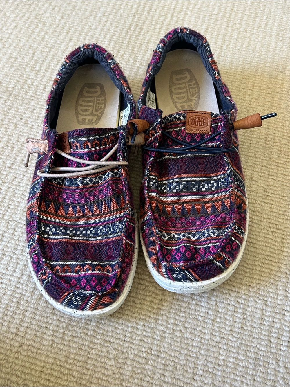 Hey Dude Women Slip-On Sneakers in Burgundy Multi Aztec